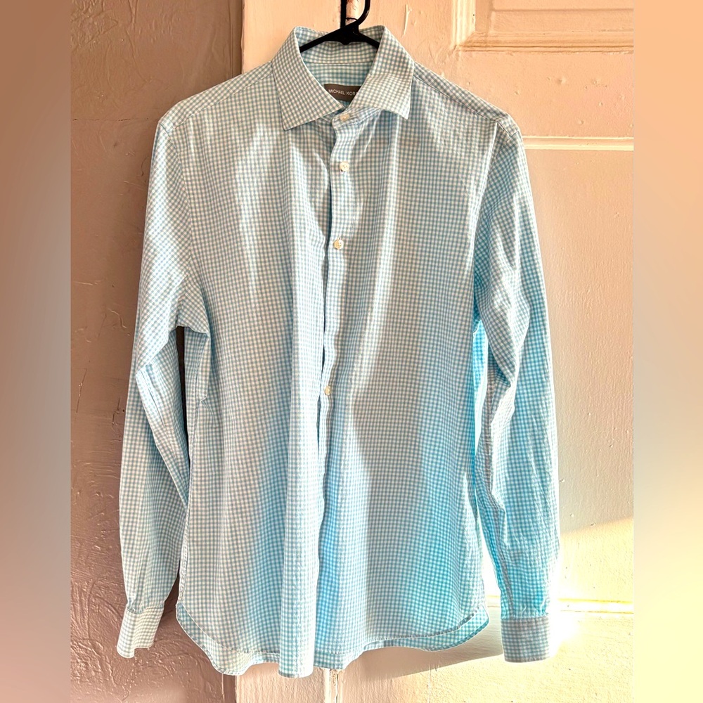 Michael Kors blue check stretch slim fit long sleeve shirt sz L